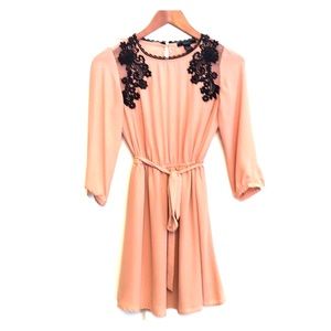 Blush dress with black lace & belt